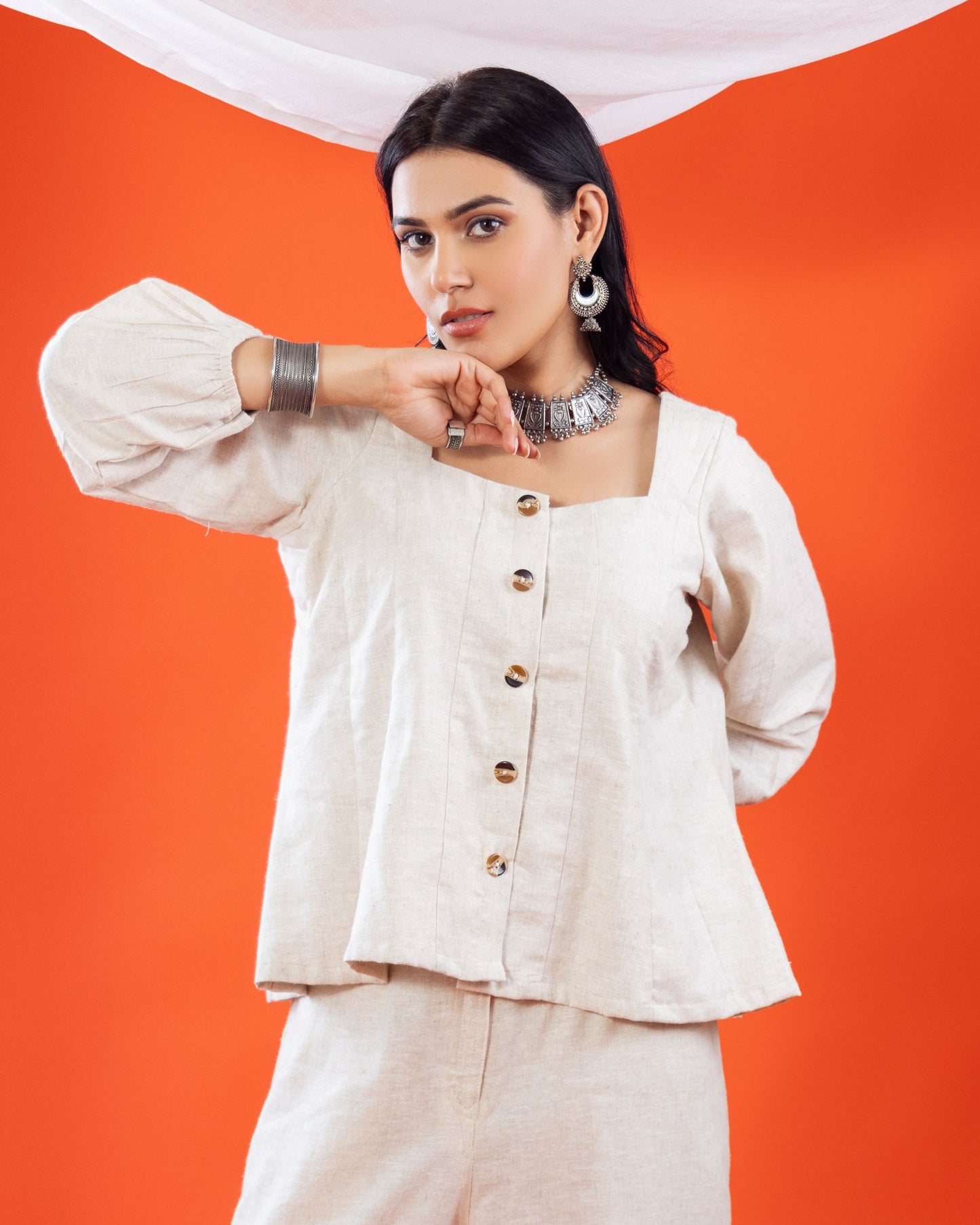 Panchakanya Linen Kali Top for Women with Front Buttons – Sustainable Cotton Linen Long Sleeve White Top | Stylish Summer & Party Wear
