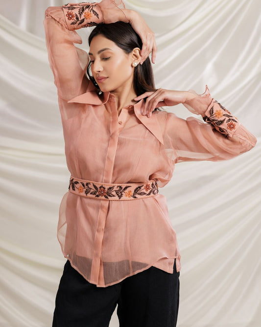 Embroidered Organza Shirt Top with Belt & Inner – Peach Elegance | Sheer Organza Top for Women By Panchakanya
