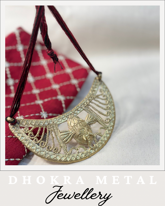 Handcrafted Dhokra Metal Bich Hansuli Big Chand Necklace | Tribal Brass Moon Pendant Jewellery by Panchakanya