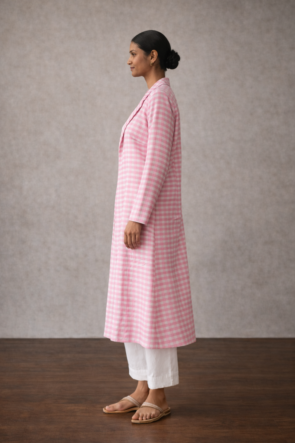Pink Chanderi Check Long Jacket for Women | Handloom Elegance