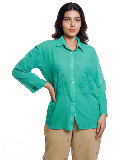 Women's Green Kala Cotton Shirt with Subtle Embroidery | Sustainable Handwoven Fabric | Casual & Workwear
