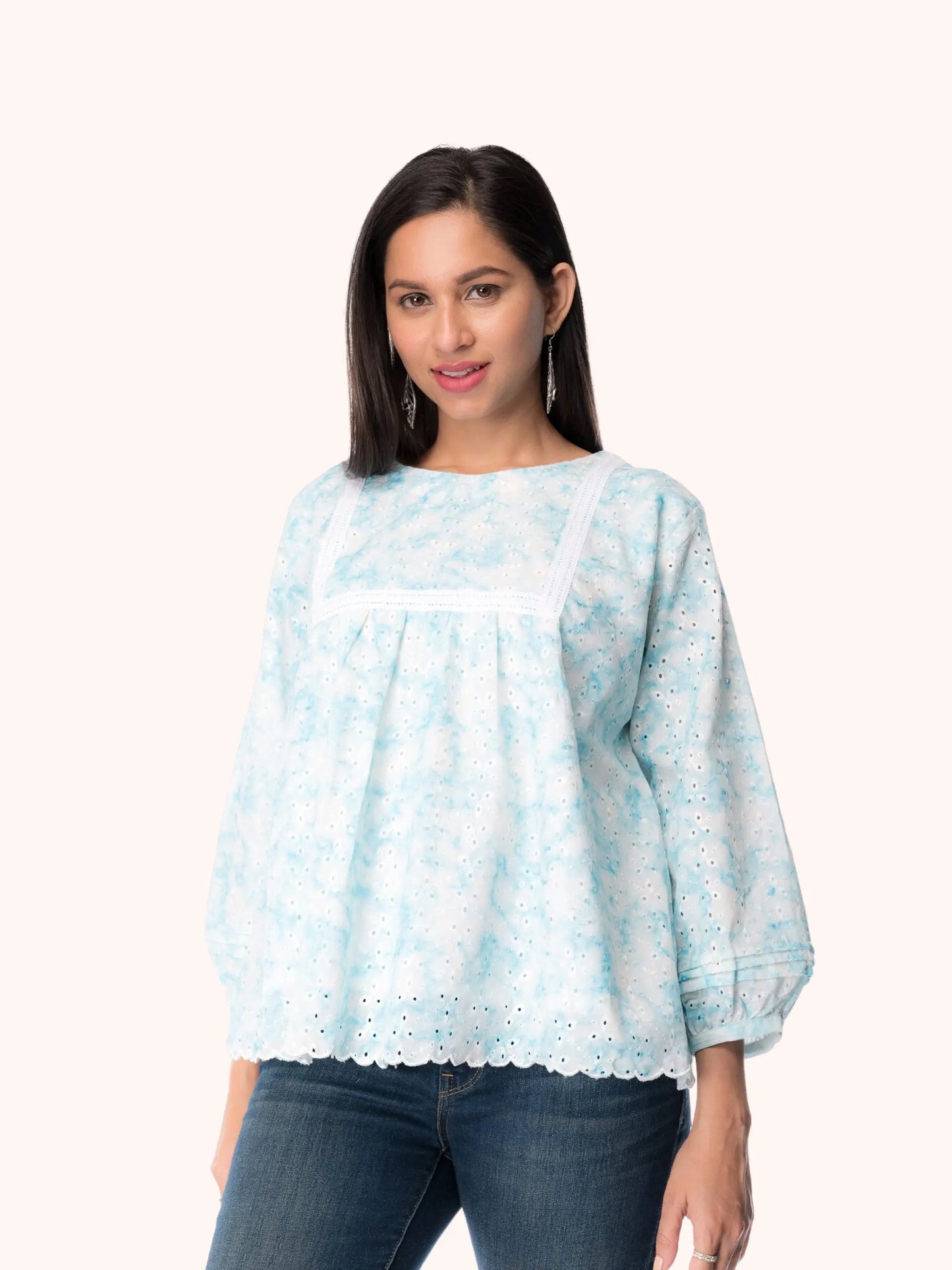 Ice Blue Hakoba Neck Cotton Top for Women by Panchakanya Clothing
