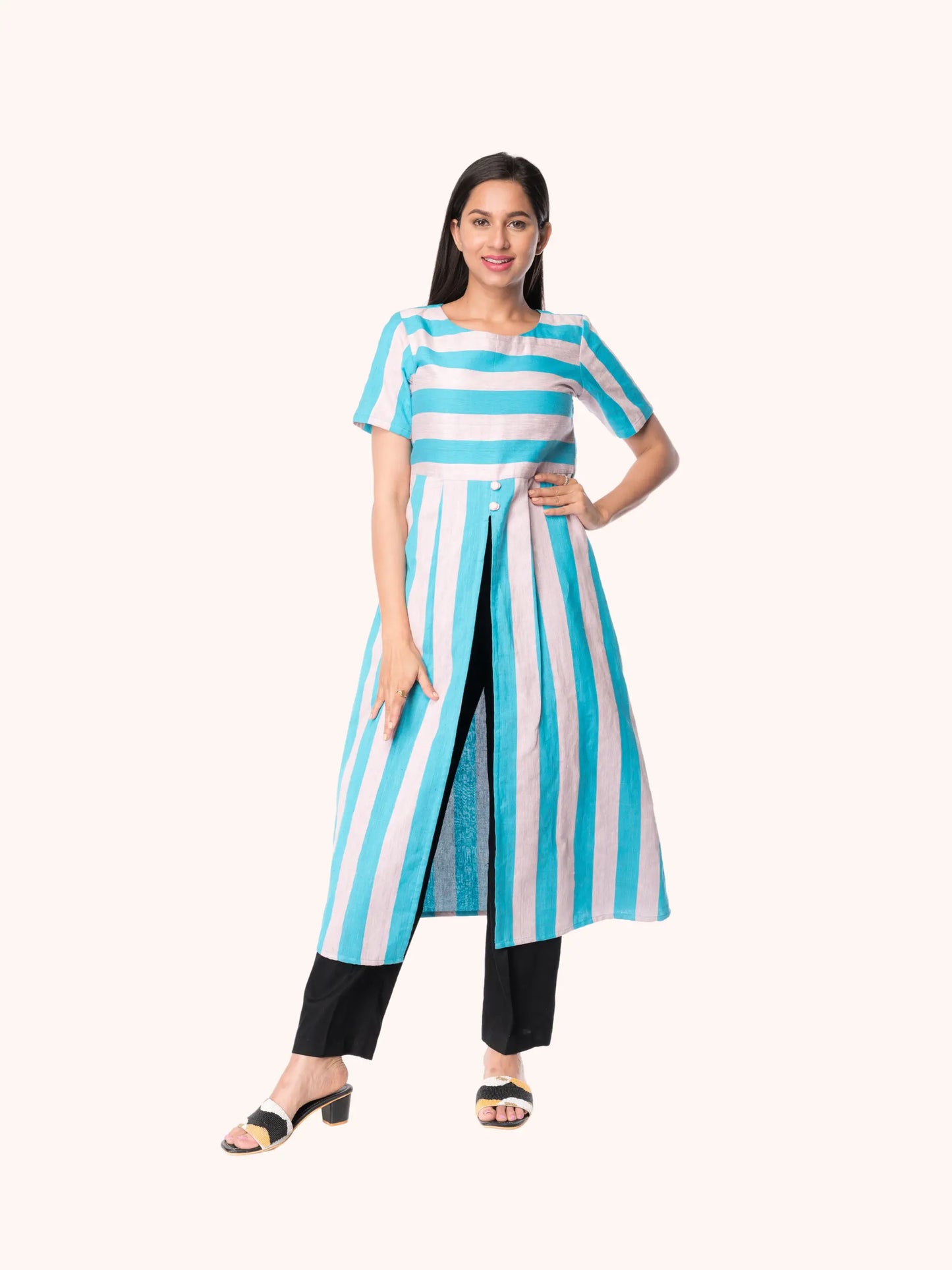 Elegent Turquoise Stripped Organic Cotton Silk Kurta - Panchakanya Clothing