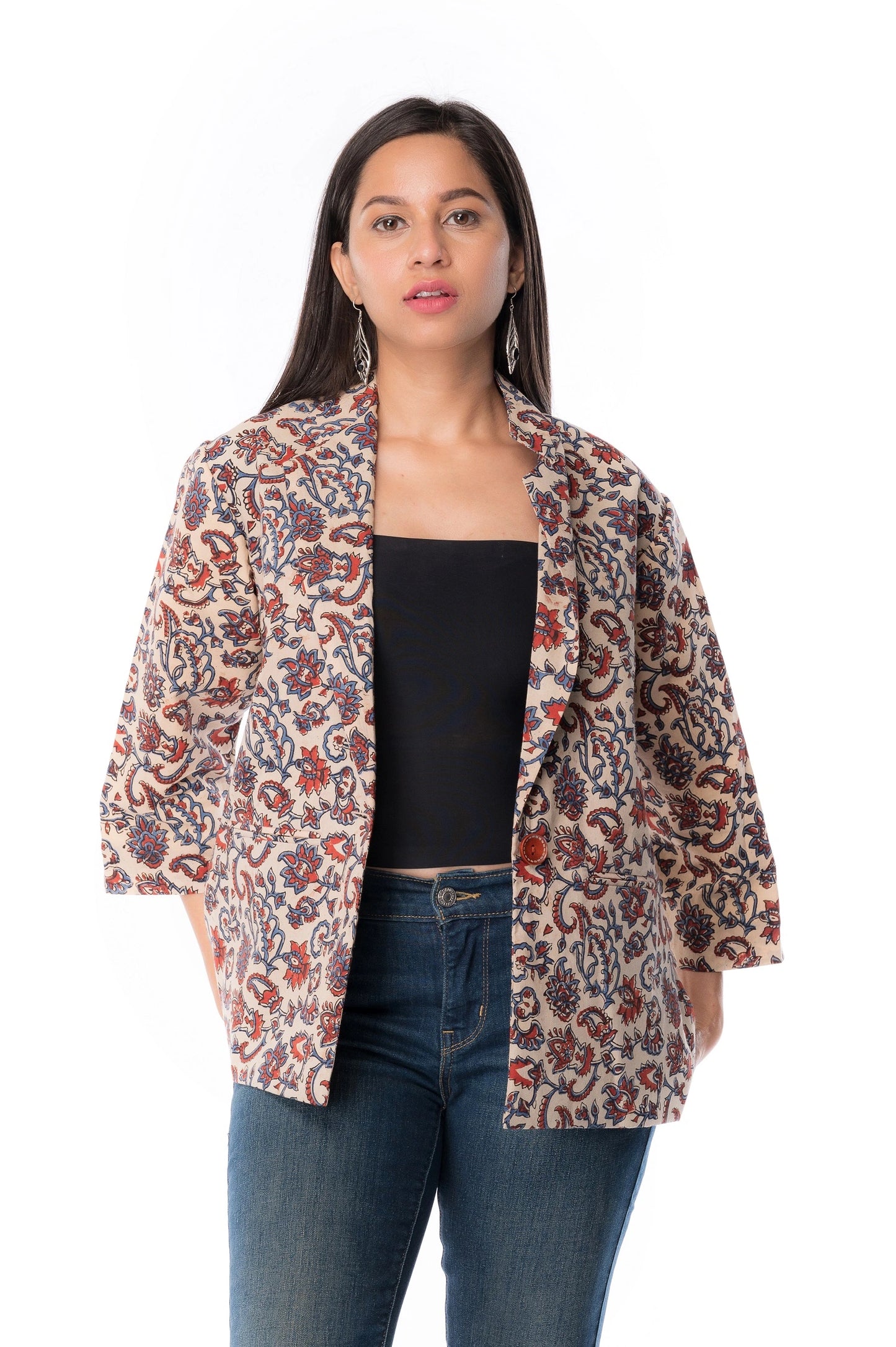 Handcrafted Cotton Block Printed 3/4 Sleeve Coat for Women’s Wardrobe