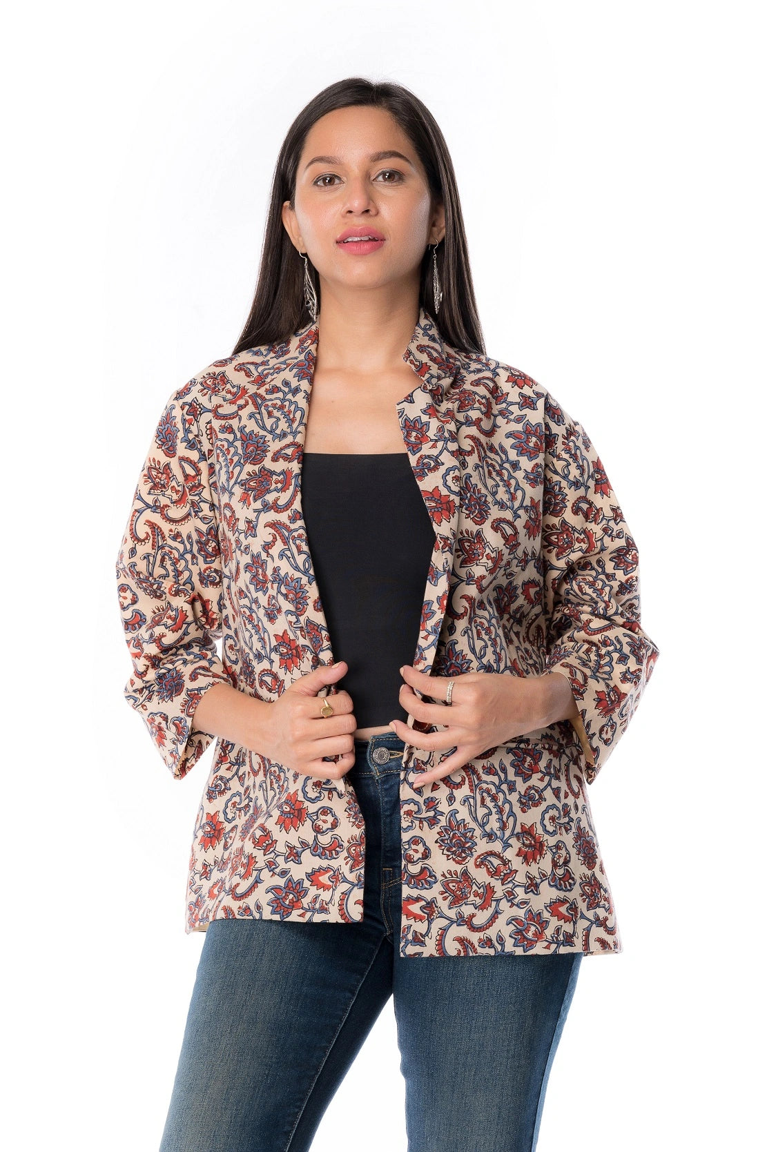 Handcrafted Cotton Block Printed 3/4 Sleeve Coat for Women’s Wardrobe