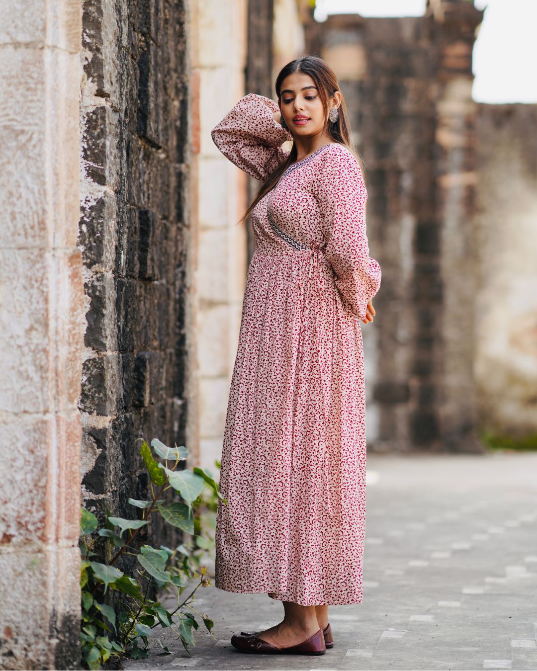 Peach Bagh Print One-Piece Dress – Perfect Western Wear for Weddings