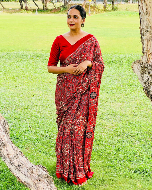 Modal Ajrakh Print Handmade Saree - Handmade Luxury for Every Occasion