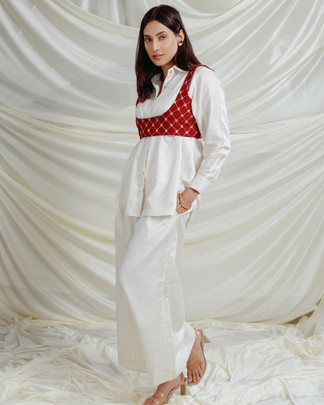 Bhagalpuri Silk Co-Ord Set – White Shirt & Pant with Red Embroidered Koti | Ethnic Chic Outfit for Women By Panchakanya