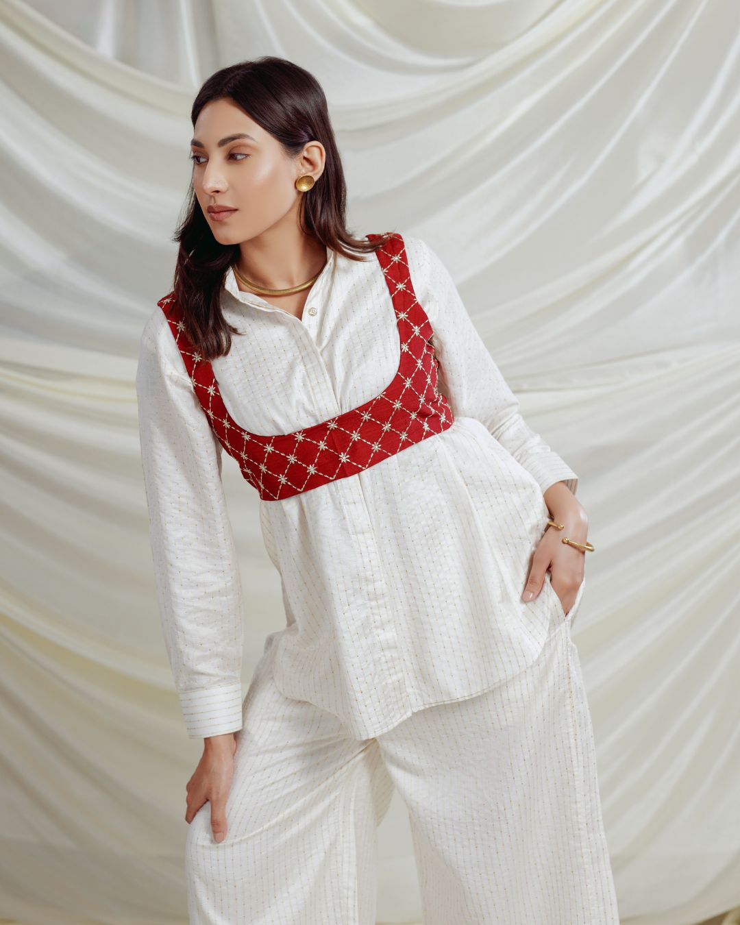 Bhagalpuri Silk Co-Ord Set – White Shirt & Pant with Red Embroidered Koti | Ethnic Chic Outfit for Women By Panchakanya
