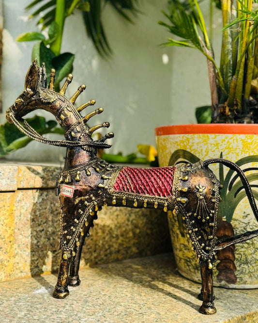 Handmade Dhokra Art Brass jewelled Horse - Traditional Indian Decor