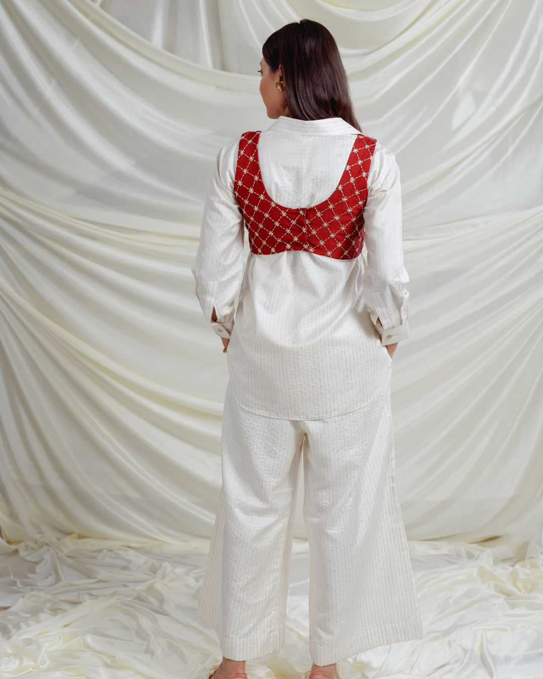 Bhagalpuri Silk Co-Ord Set – White Shirt & Pant with Red Embroidered Koti | Ethnic Chic Outfit for Women By Panchakanya