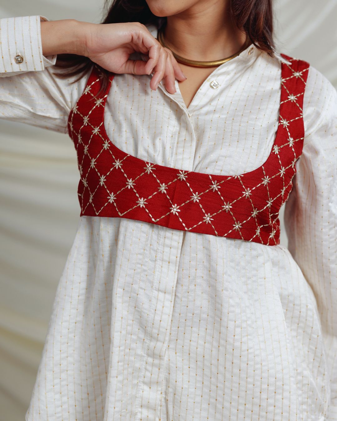 Bhagalpuri Silk Co-Ord Set – White Shirt & Pant with Red Embroidered Koti | Ethnic Chic Outfit for Women By Panchakanya