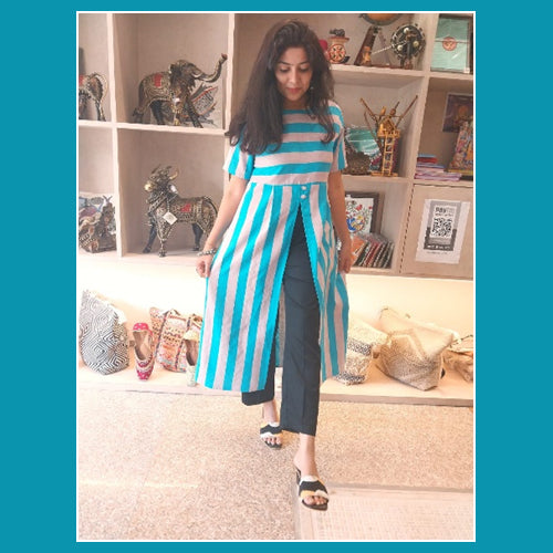 Elegent Turquoise Stripped Organic Cotton Silk Kurta - Panchakanya Clothing