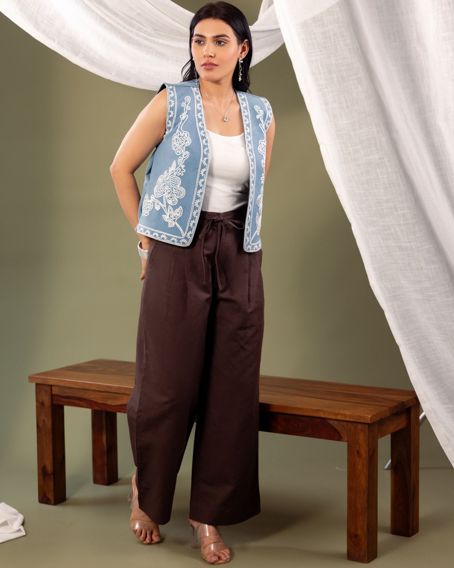 Women’s Denim Sleeveless Jacket with Dori Embroidery – Stylish Layering Vest by Panchakanya