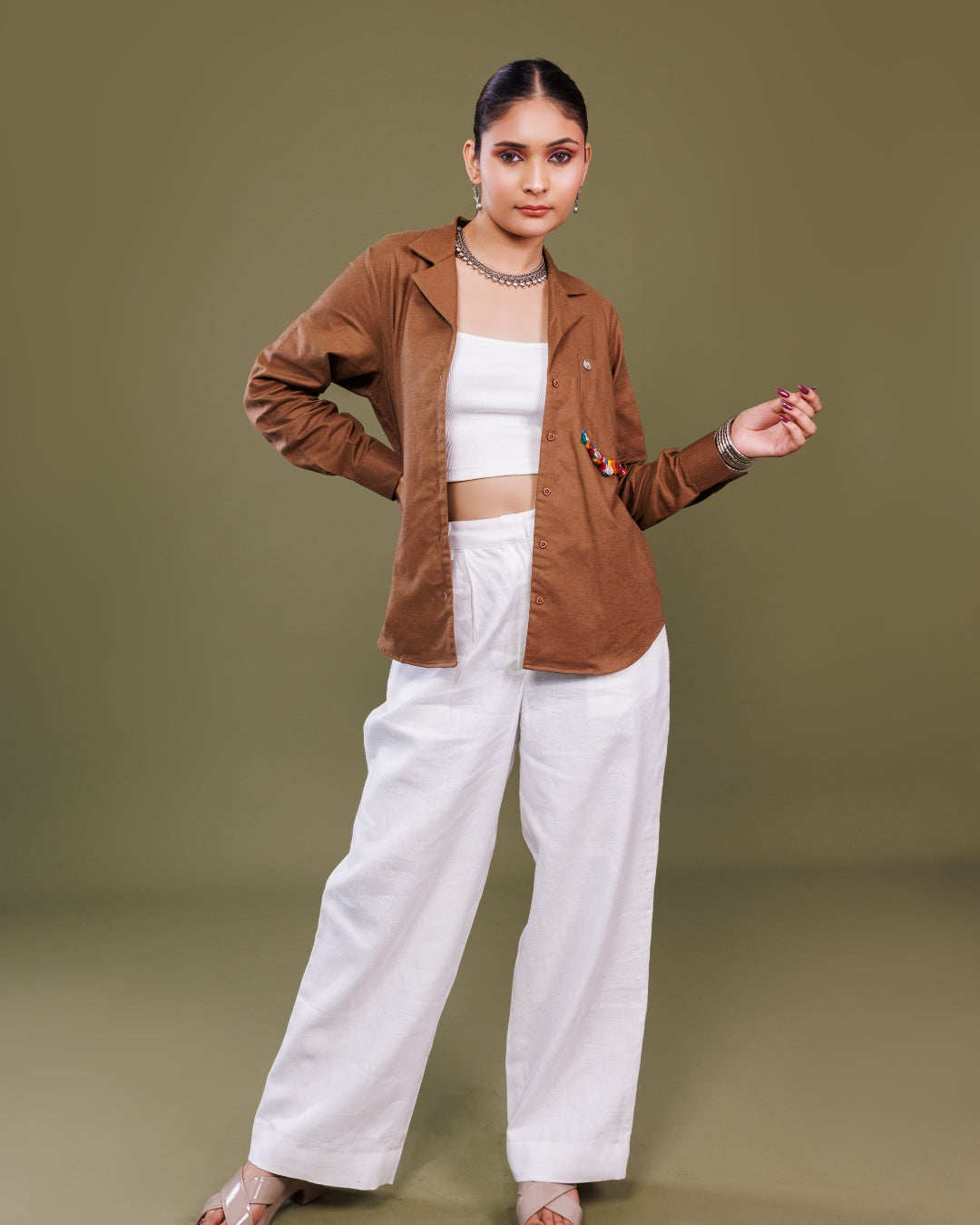 Brown Cotton Shirt with Mirror Tassel Detail – Contemporary Handcrafted Top by Panchakanya