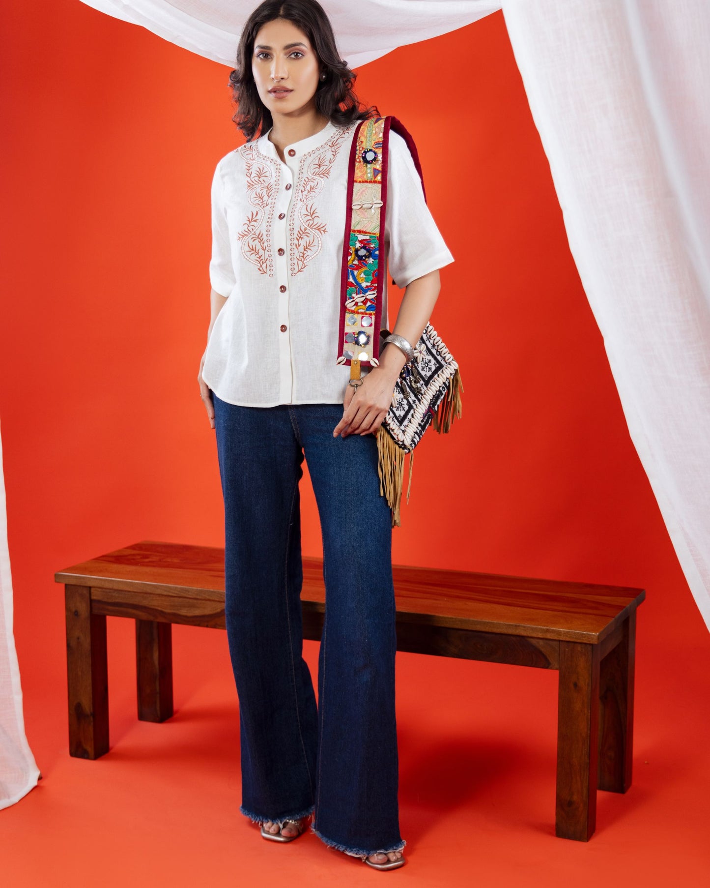 Linen Embroidered Shirt Style Top for Women – Half Sleeves Button Down | Panchakanya Sustainable Fashion