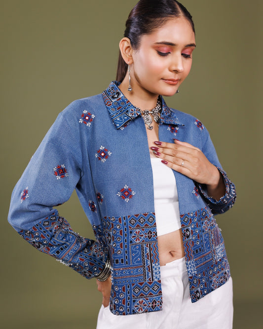 Denim Ajrakh Print Jacket for Women – Handcrafted Cotton Indigo Jacket by Panchakanya