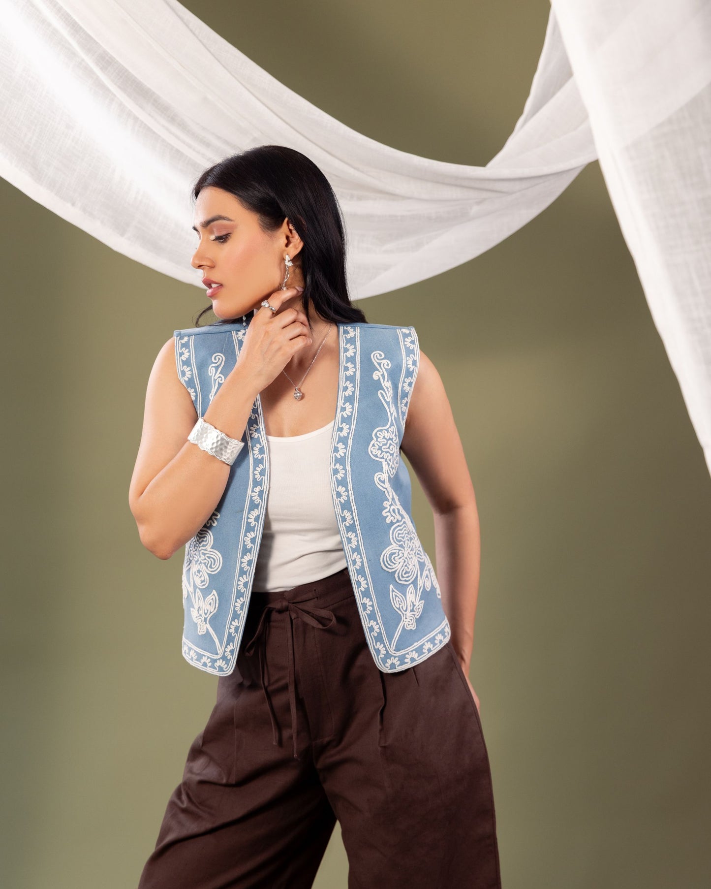 Women’s Denim Sleeveless Jacket with Dori Embroidery – Stylish Layering Vest by Panchakanya