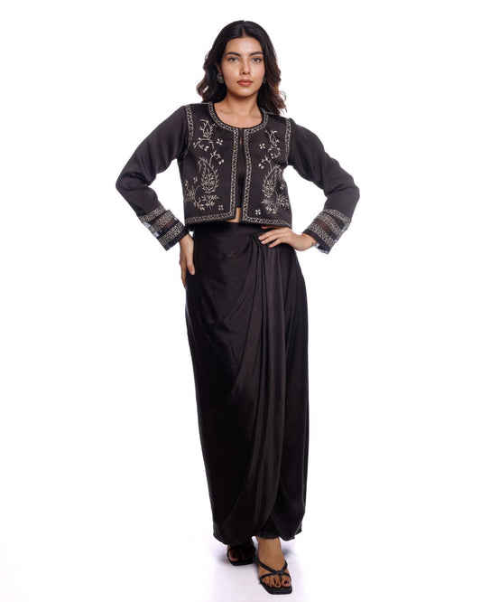 Women's Black Satin 3-Piece Draped Skirt Set with Embroidered Jacket by Panchakanya | Festive & Party Wear