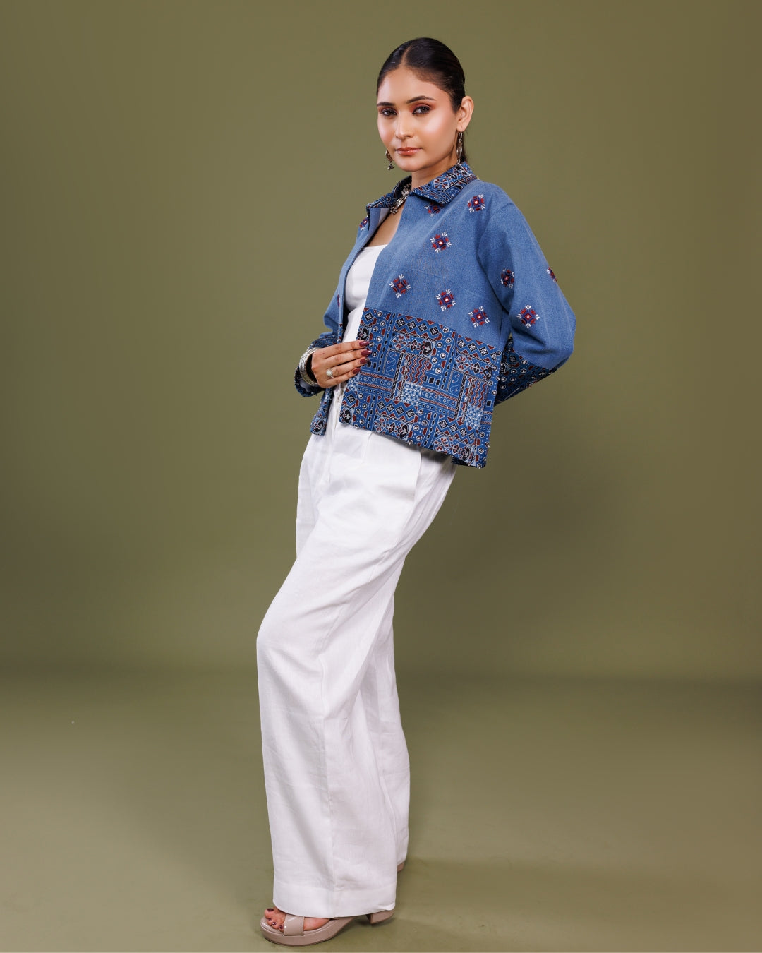 Denim Ajrakh Print Jacket for Women – Handcrafted Cotton Indigo Jacket by Panchakanya