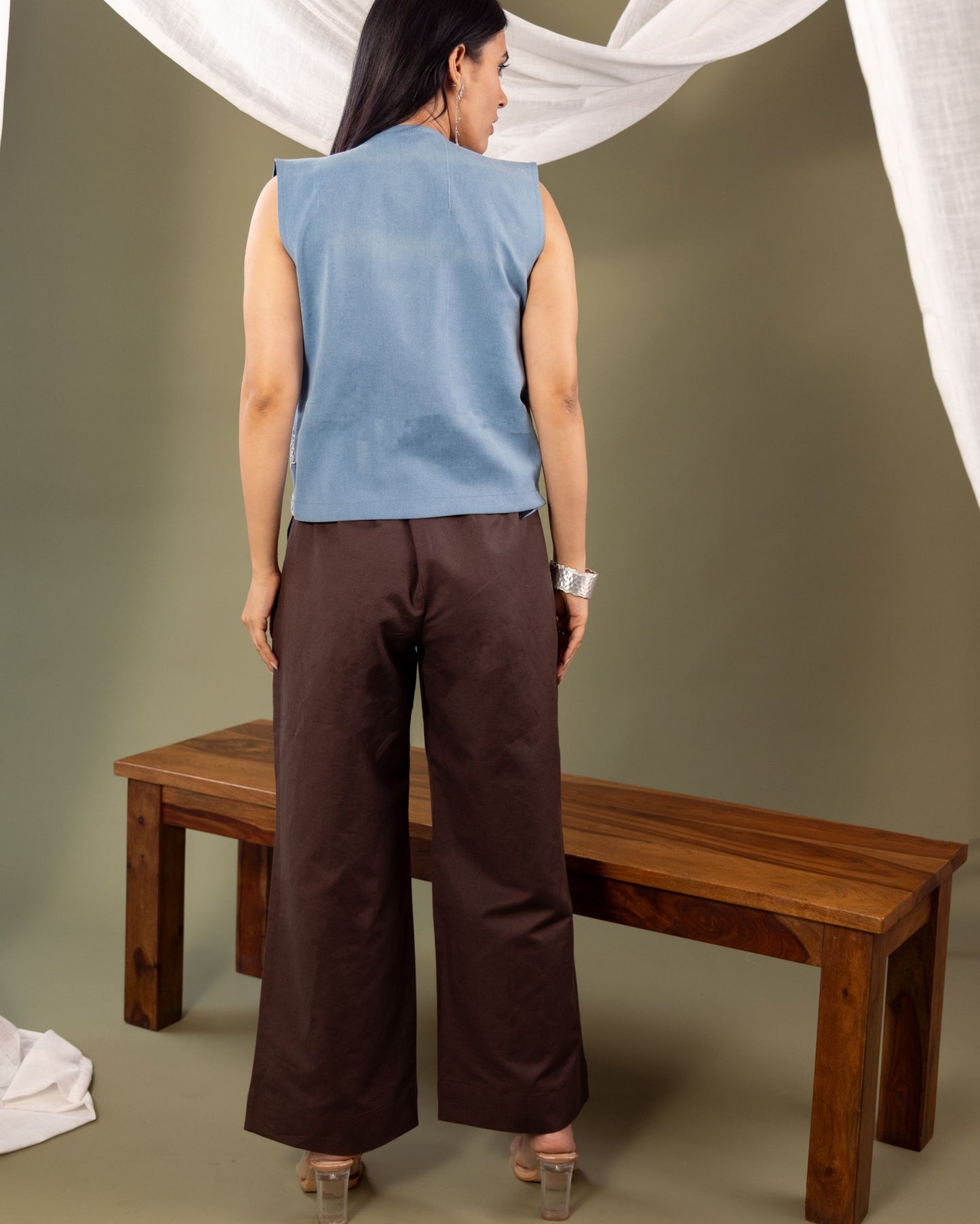 Women’s Denim Sleeveless Jacket with Dori Embroidery – Stylish Layering Vest by Panchakanya