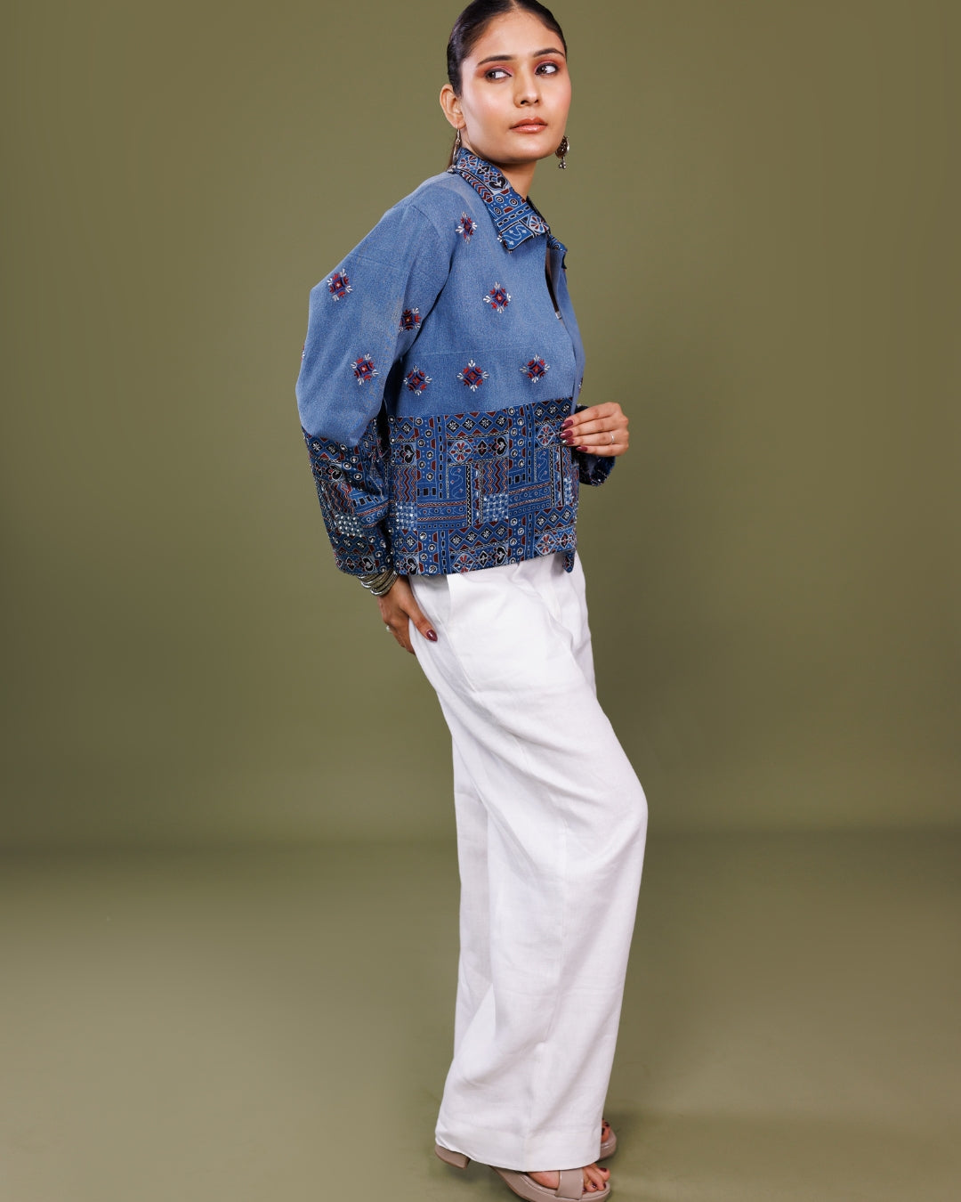 Denim Ajrakh Print Jacket for Women – Handcrafted Cotton Indigo Jacket by Panchakanya