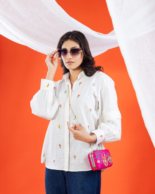 Linen Embroidered Shirt Style Top for Women – Full Sleeve White Button Down | Panchakanya Sustainable Fashion