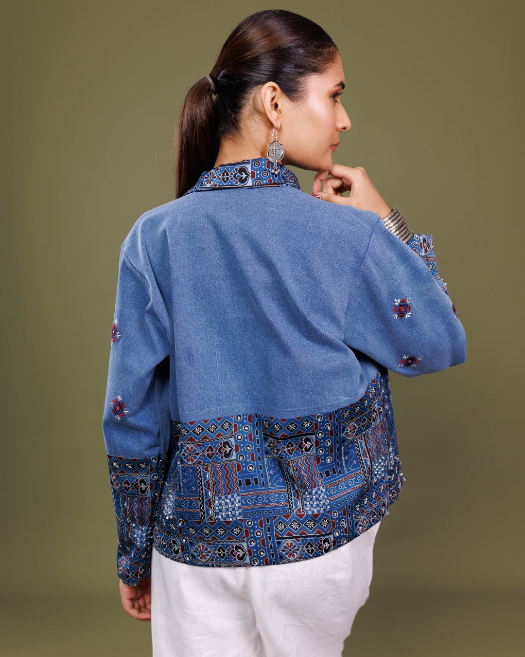 Denim Ajrakh Print Jacket for Women – Handcrafted Cotton Indigo Jacket by Panchakanya