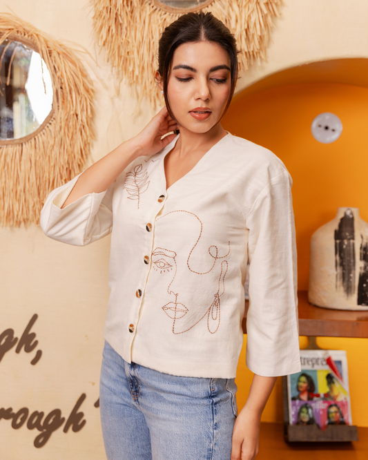 Panchakanya Organic Cotton Top – Artistic Embroidery with Button Closure for Women