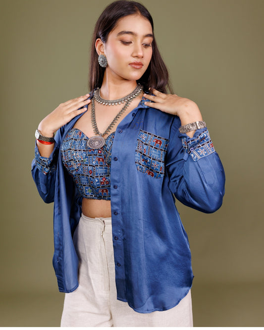 Blue Modal Shirt with Printed Corset – Chic Handcrafted Co-ord Set by Panchakanya