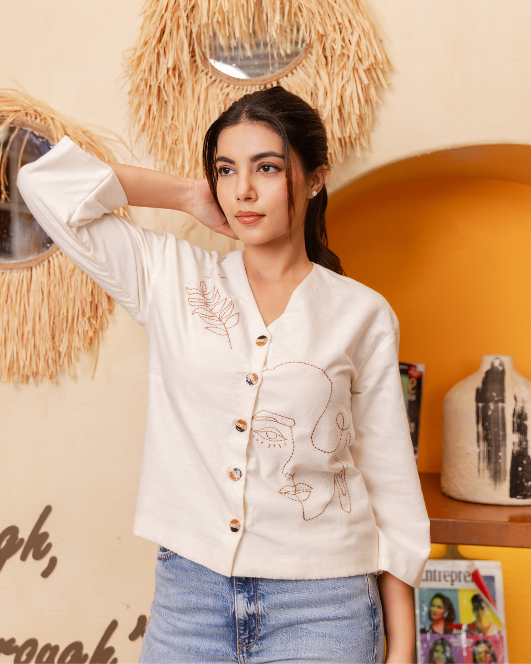 Panchakanya Organic Cotton Top – Artistic Embroidery with Button Closure for Women