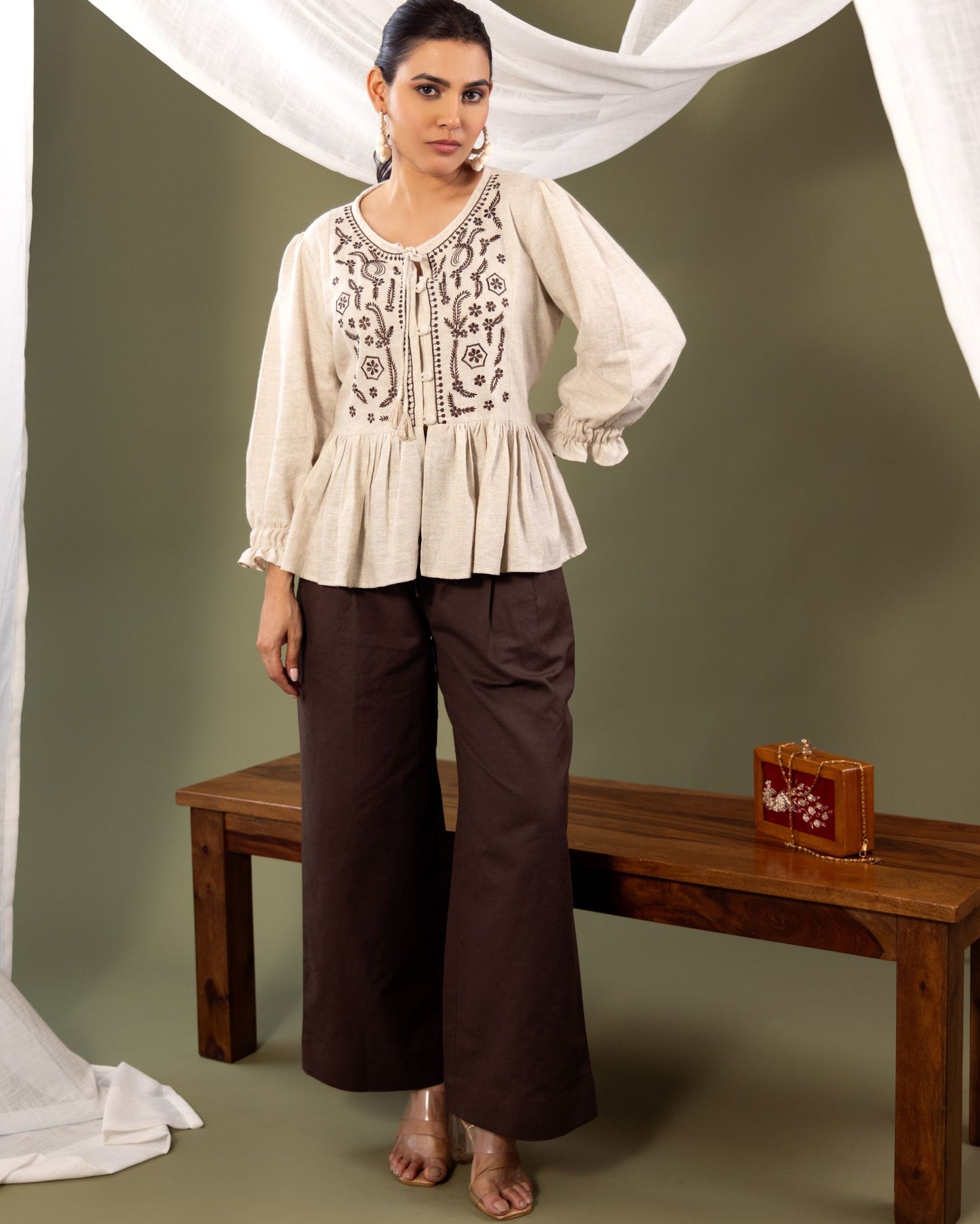 Women’s Linen Peplum Top with Embroidery – Elegant Long Sleeve Blouse by Panchakanya