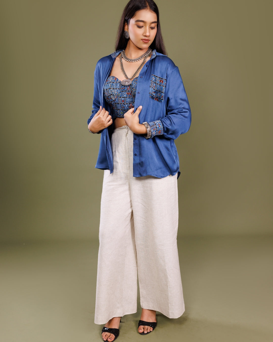 Blue Modal Shirt with Printed Corset – Chic Handcrafted Co-ord Set by Panchakanya