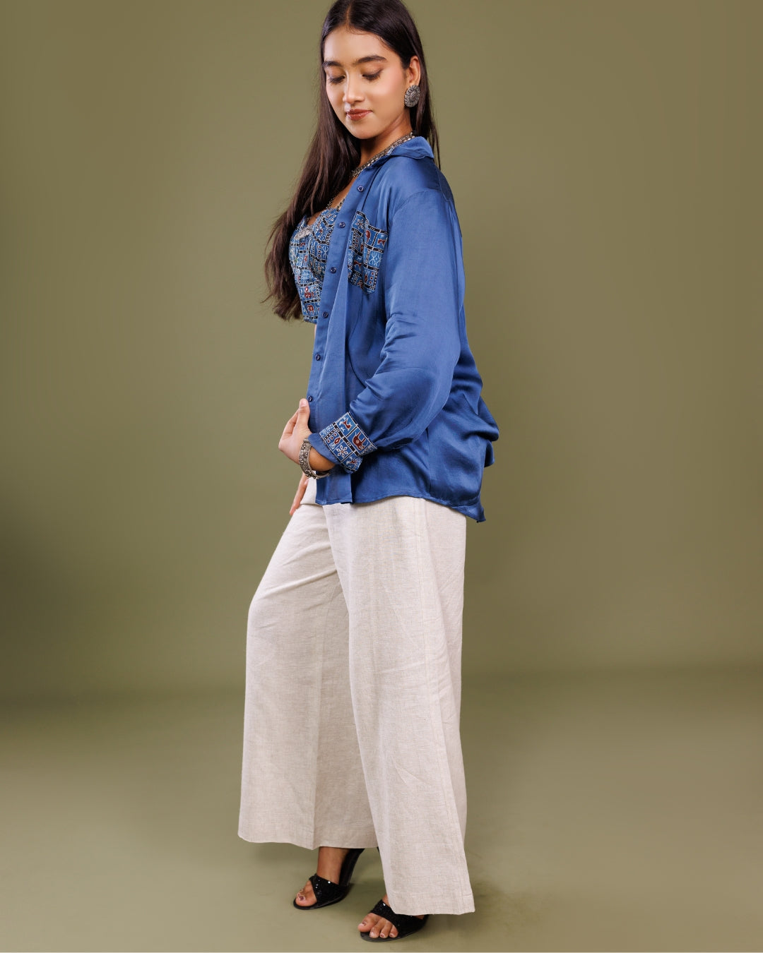 Blue Modal Shirt with Printed Corset – Chic Handcrafted Co-ord Set by Panchakanya