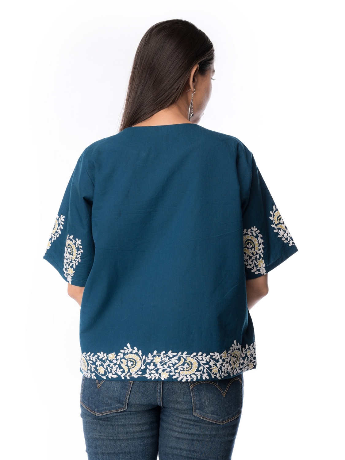 Teal Blue Cotton Embroidered Top for Women – Panchakanya Clothing