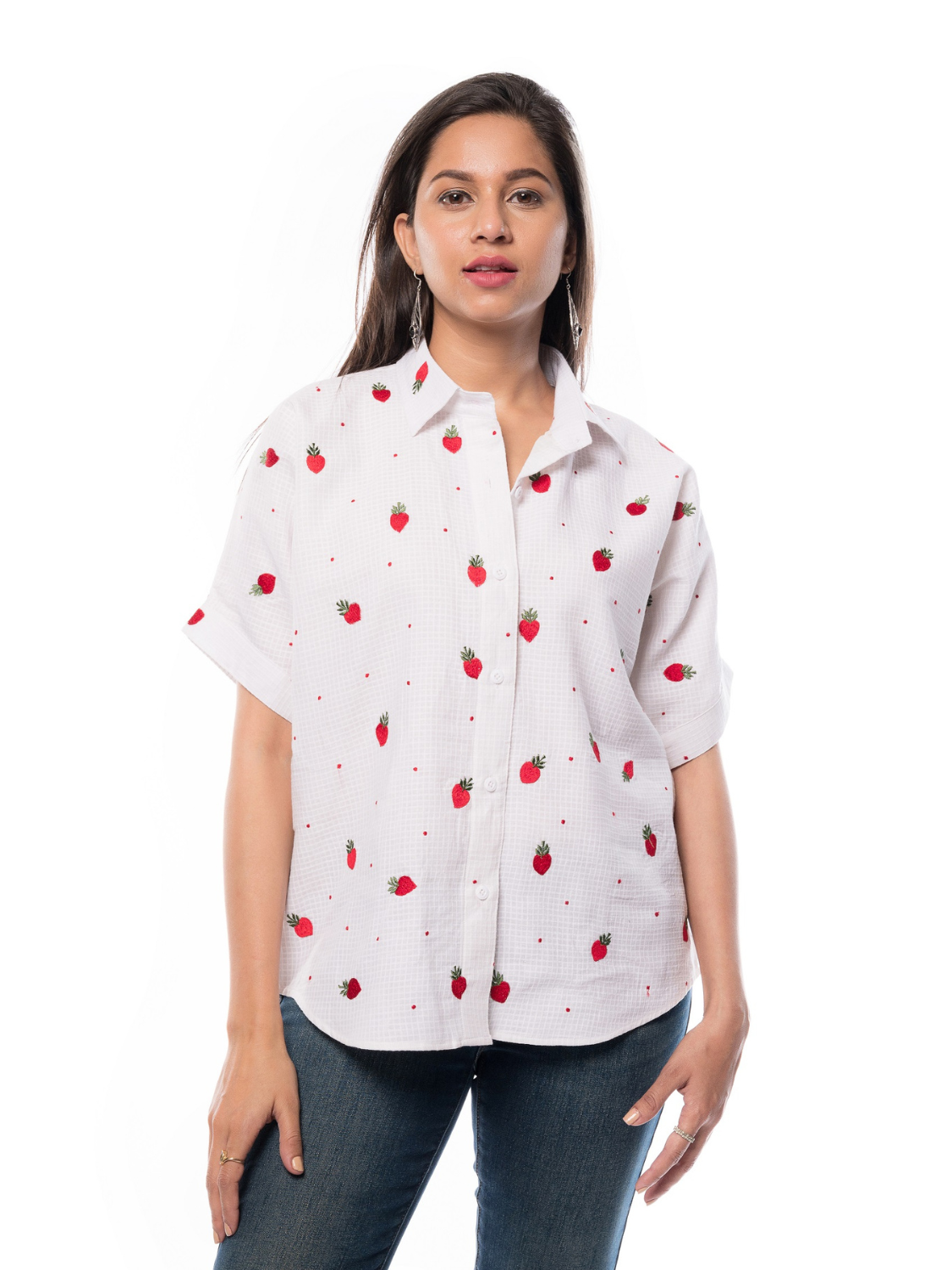 Cotton Embroidery Top With Strawberry Motifs For Women Girls