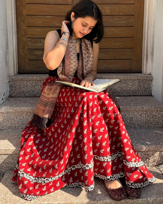Red Bagh Print Cotton Long Skirt | Hand Block Printed Ethnic Skirt By Panchakanya