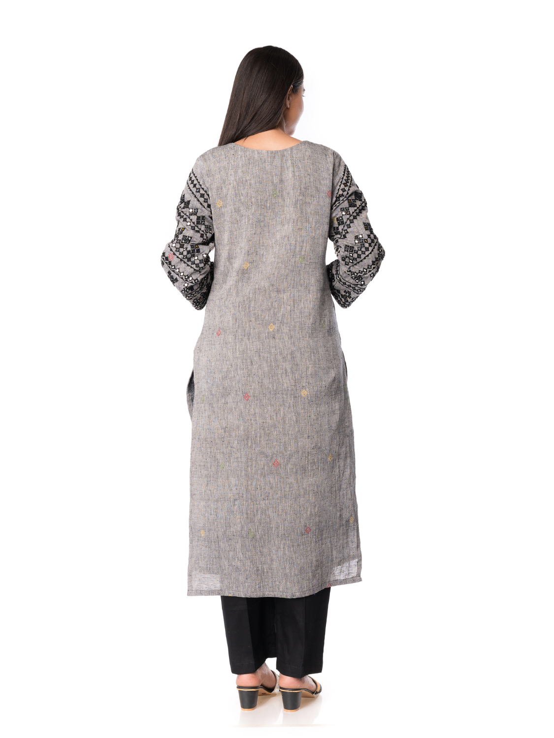 Grey Black Elegant Mirror Embroidery Kurta with Lining - Panchakanya Clothing