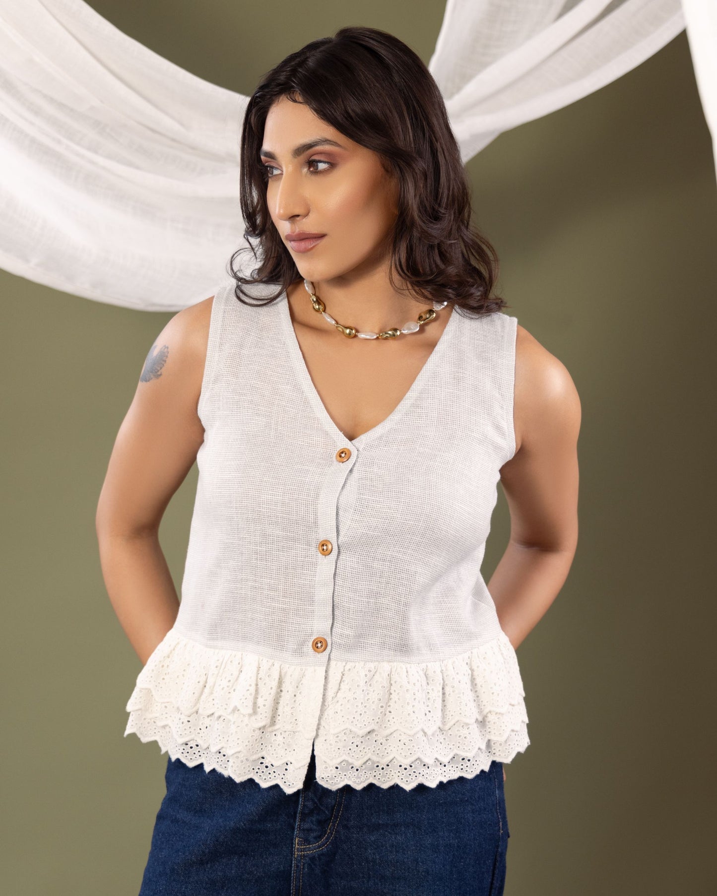 Women’s Jute Fabric Sleeveless Top with Lace Hem – Sustainable Summer Blouse by Panchakanya