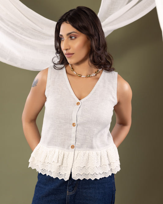 Women’s Jute Fabric Sleeveless Top with Lace Hem – Sustainable Summer Blouse by Panchakanya