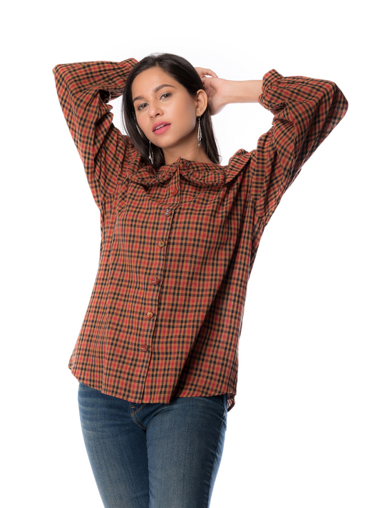 Handcrafted Caramel Brown Checked Shirt Style Top For Women - Panchakanya Clothing