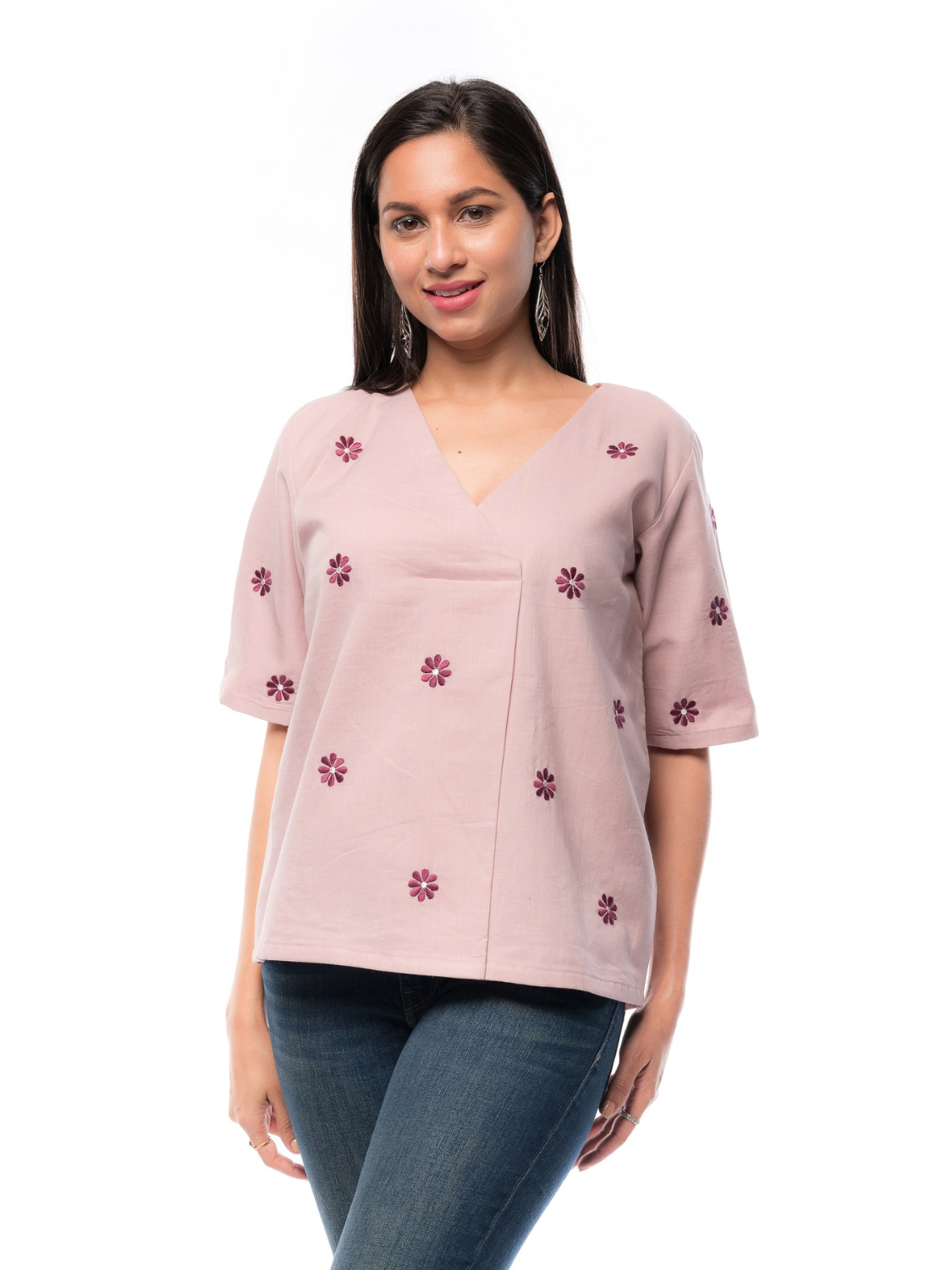 Pure Cotton Peach Top With V Neck Design - Panchakanya Clothing