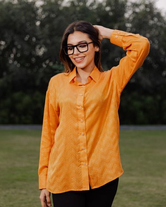 Elegant Mango Yellow Bhagalpur Silk Shirt -  Zig Zag Pattern Shirt for Women