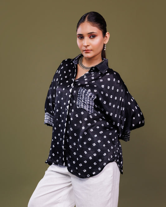Black Bandhani Modal Silk Long Shirt for Women – Handcrafted Designer Shirt by Panchakanya