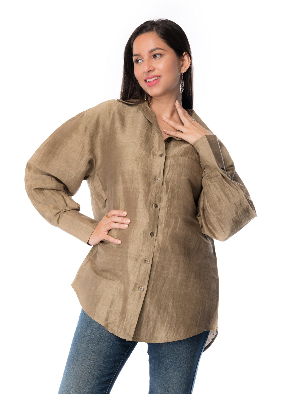 Golden Green Silk Fabric Shirt Full Sleeve For Women's Girls & Ladies