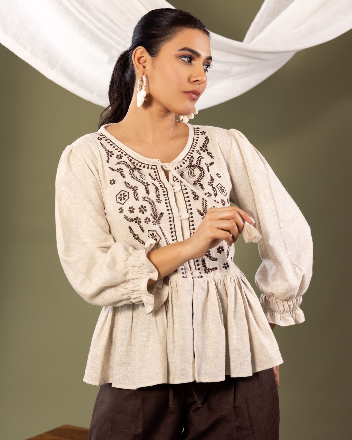 Women’s Linen Peplum Top with Embroidery – Elegant Long Sleeve Blouse by Panchakanya