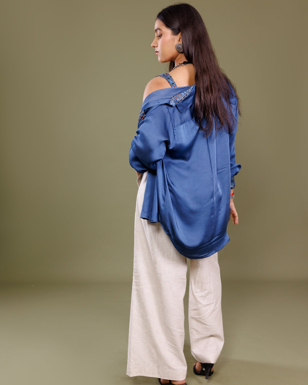 Blue Modal Shirt with Printed Corset – Chic Handcrafted Co-ord Set by Panchakanya