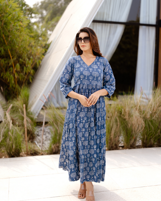 Stylish Indigo Cotton Frock with 3/4 Sleeves - Comfortable Printed Maxi Dress for Women