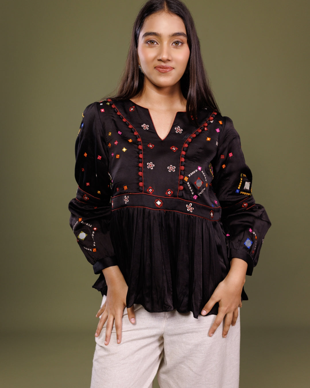 Black Modal Embroidered Top for Women – Mirror Work Peplum Top by Panchakanya