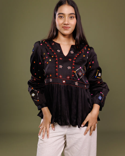 Black Modal Embroidered Top for Women – Mirror Work Peplum Top by Panchakanya